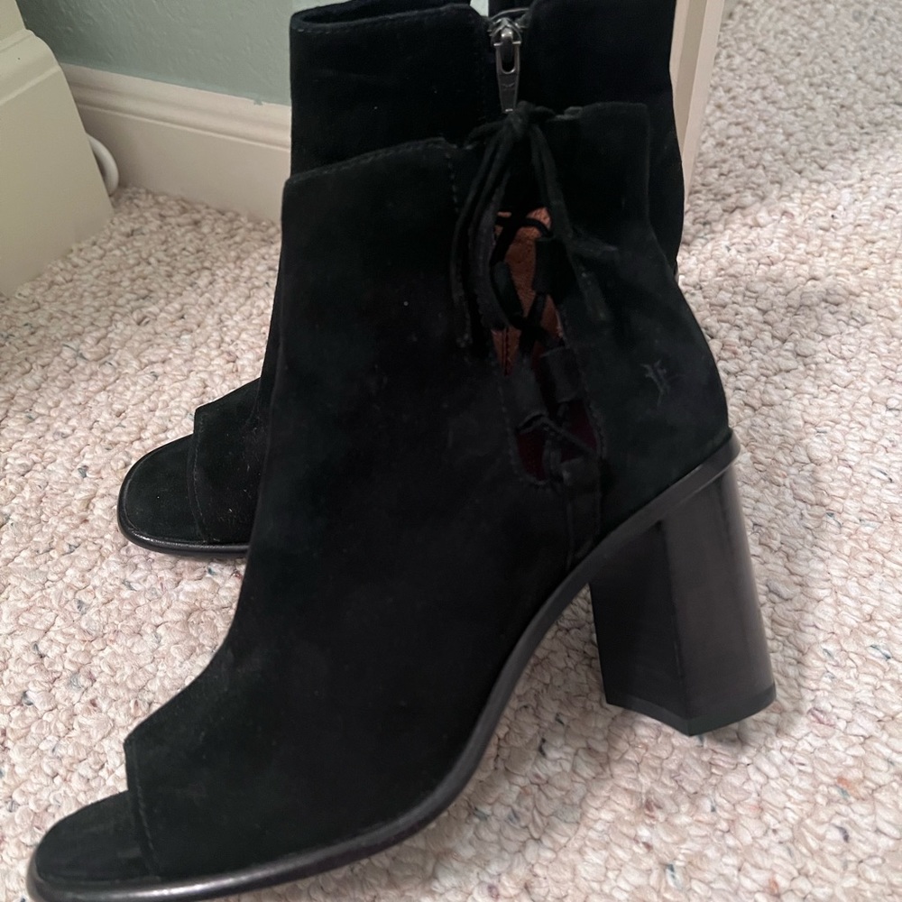 Frye black suade peep toe boots; excellent condition; worn once